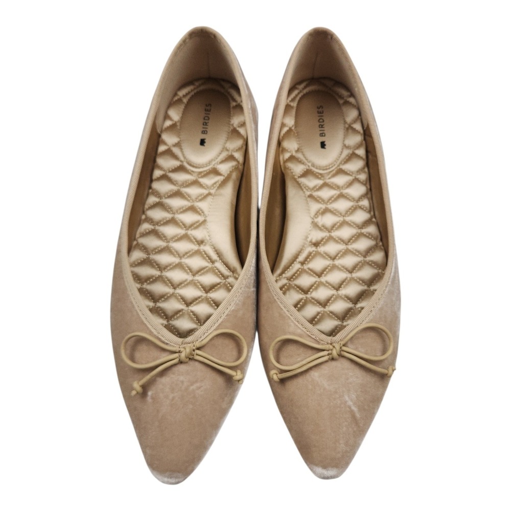 Birdies The Goldfinch Flats 8.5 Tan Champagne‎ Velvet Pointed Toe Bow Balletcore